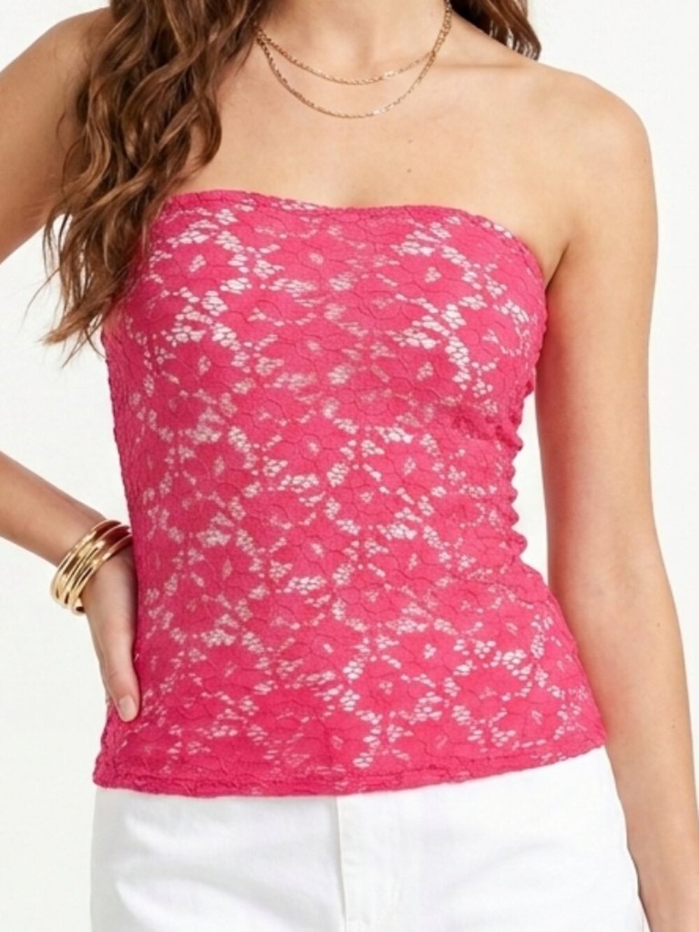 Vintage Y2K Hot Pink Lace Tube Top Strapless Floral Camisole Summer Beach Barbie